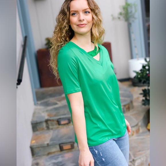 Women’s Asymmetrical Sequins Banded V-Neck Buttery Soft Green Top, short sleeve - Picture 3 of 8